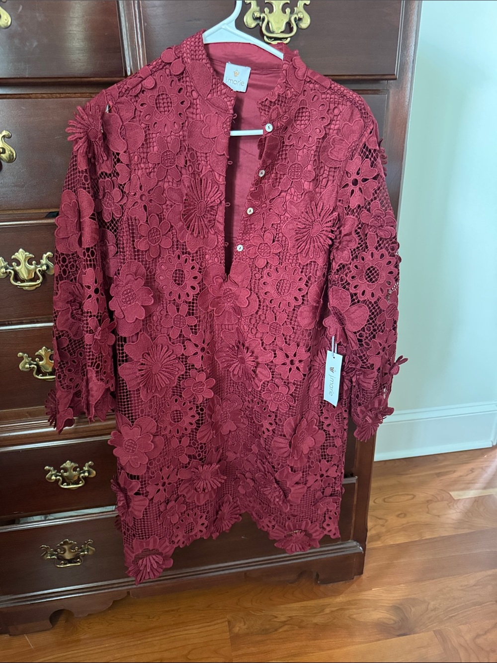 Marcie Floral Crochet Long-Sleeve Dress in Burgundy